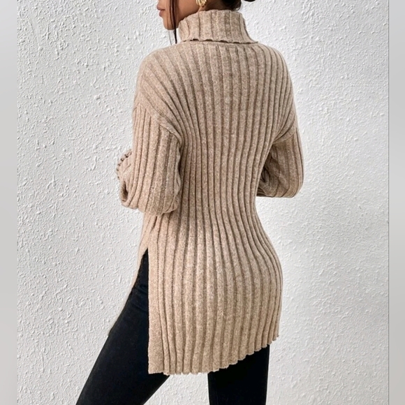 New Chic Wide Ribbed Split Hem Knit Sweater Top Turtleneck Camel Tan Beige - Picture 7 of 9
